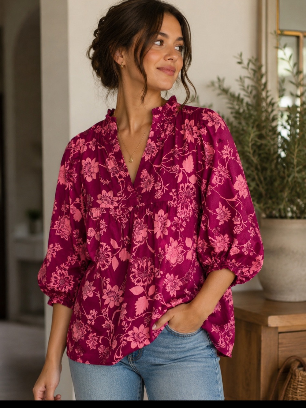 Sugarlips Berry Floral Peasant Blouse in Berry Pink and Light Pink
